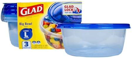Glad GladWare Big Bowl Food Storage Containers, Large Round, 48 Oz, 3 Count | Lock-tight seal for soups, salads, and meal prep in a large round format; microwave and dishwasher safe