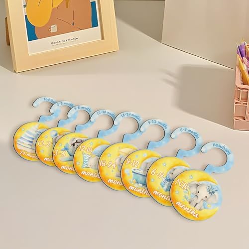 Baby Clothes Dividers for Closet - Set of 8 Wooden Baby Size Closet Dividers Newborn to 24 Months, Newborn Organizer for Boys & Girls - Adorable Moon Elephant Baby Nursery Decor Kit New Parents Gifts