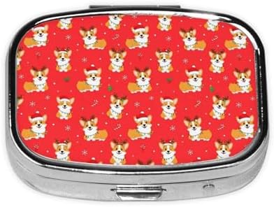 Square Pill Case 2-Compartment Medicine Organizer Portable Tablet Holder Travel Gym Office Use, Christmas Corgi Dogs Red