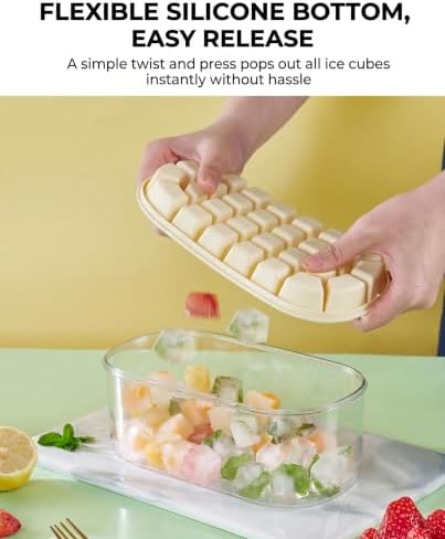 Ice Cube Tray with Bin & Lid, 54-Cell Dual Shape Molds, Yellow | 54-cavity silicone pop out, food-grade PET, clear storage box, collapsible handle, for freezer, party picnic cold drink