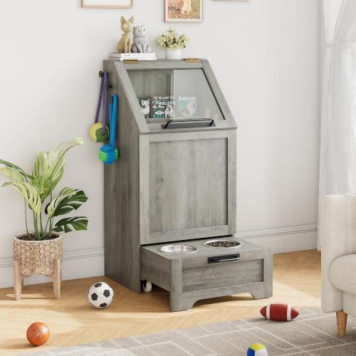 Elevated Dog Feeding Station – 2 Bowls, Storage Cabinet, Gray