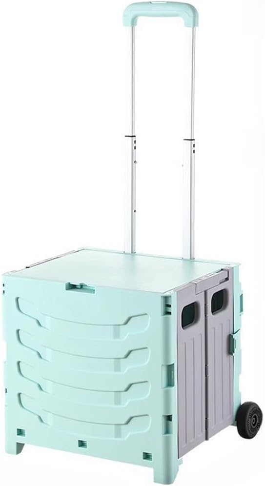 Collapsible Shopping Box Trolley on Wheels with Lid,75L Large Capacity Folding Portable Rolling Crate Handcart with Telescopic Handle for Camping (Green,Small)