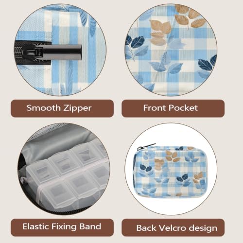 Travel Pill Organizer Blue Checkered Autumn Leaf Small Pill Case