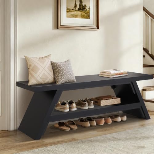 2-Tier Shoe Storage Bench, 55" Large Solid Wood Entryway Stool Storage | Shoes Racks for Entryway, Spacious Multi-Purpose Bench for Families, Guest Entryways, and High-Traffic Areas