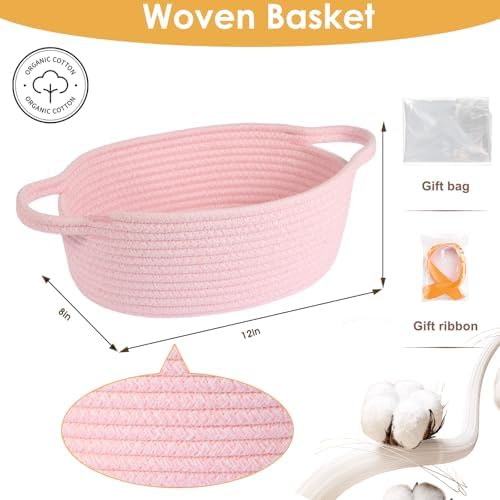 Small gift Basket with Bag and Ribbon Included,Cotton Rope Woven Storage Basket, Pink, Organic Cotton, 12x8x5 Inches, with Handles,Cute Baby Toy Basket