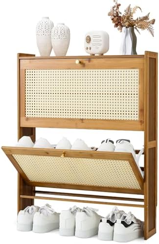 Magshion Narrow Shoe Cabinet for Entryway Slim Thin Bamboo Freestanding Shoe Storage with Flip Drawers for Hallway, Living Room (Brown, 34" x 27" x 7")