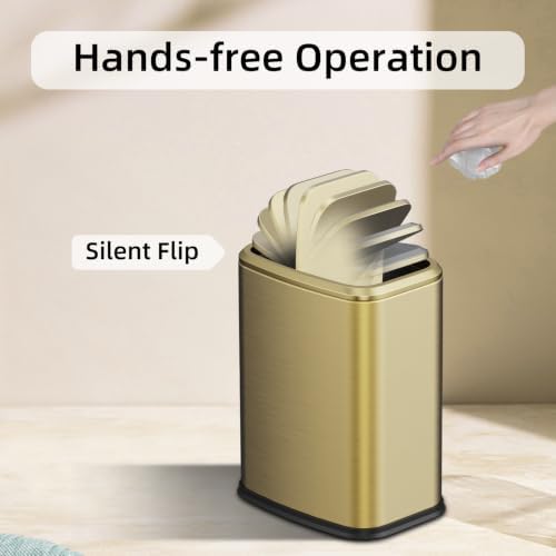 8L/2.1 Gallon Small Bathroom Trash Can with Lid, Swing-Top Rectangular Waste Bin, Stainless Steel Garbage Can for Home, Office, Toilet, Bedroom, Living-Room (Gold)