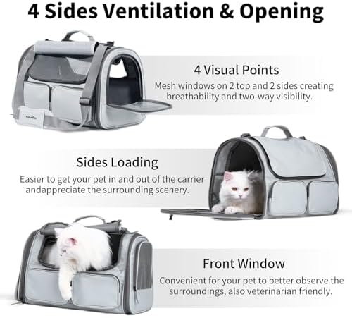 FUKUMARU Cat Carrier, Airline Approved Dog Carrier with Rollable Cover | Breathable Soft Cat Carrier, Multiple Doors & 4 Storage Pockets Cat Travel Bag, Durable Pet Carrier for Cat Under 15 lb, Grey