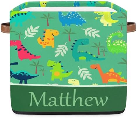 Personalized Storage Baskets for Organizing, Foldable Storage Bins with Handles Custom Cute Basket for Boys, Girls, Pet, Clothes, Blanket, Bedroom Nursery Toy Storage Gift,13 x13 x13 In,Dinosaurs