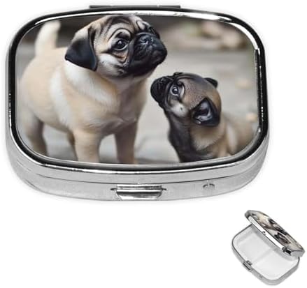 Pill Box 2 Compartment Medicine Pill Case for Pocket or Purse Mini Metal Pill Holder Cute Pet Pug Pill Case Vitamin Organizer Portable Travel Pill Container to Hold Supplements Vitamins