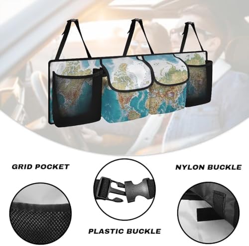 World Map Car Trunk Organizer Car Backseat Storage Bag with 4 Pockets Hanging Trunk Cargo Storage Universal Auto Accessories for Sedans SUV Trucks Van