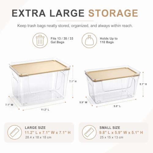 Trash Bag Dispenser, 6 Pack, 3 Large and 3 Small Clear PET Bins | Three large and three small BPA-free PET bins fit bag rolls up to 6.7 and 5.9 in wide for kitchen and laundry storage