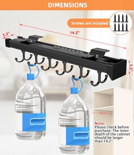 Pull Out Broom Holder With Adjustable Double Row Sliding Hook-Black 14.2IN | Multifunctional Slide Broom And Mop Storage/Organizer Garage Organization Hooks, for Closet Laundry Garage Kitchen