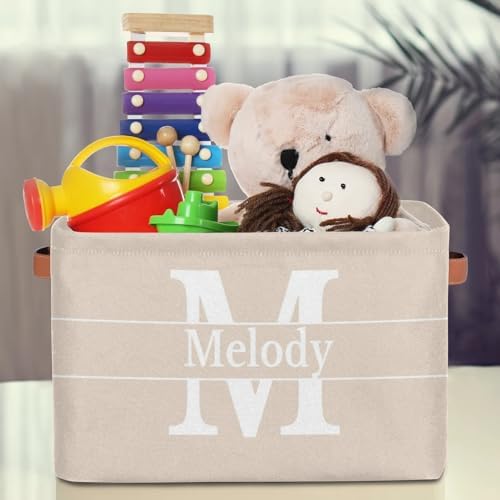 Custom Name Storage Bin, Beige with White Initial Letter Print