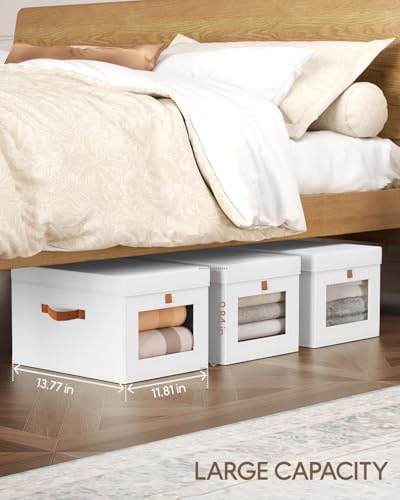 Homsorout Storage Bins with Lid – Closet Organizer with Side Opening and Clear Window, Foldable Stackable Fabric Basket for Clothes, Home, Office - 13.77" x 11.8" x 9.8", 4 Pack, White