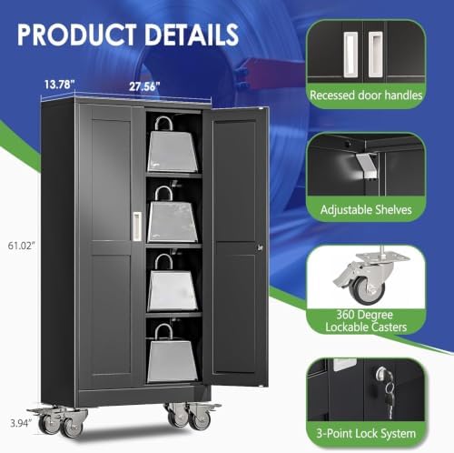 61" Metal Garage Storage Cabinet with Wheels and Locking Doors and Tall Rolling Steel Tool Cabinet with 3 Adjustable Shelves for Garage,Home,Office,Shop (Black, 61''H x 28''W x14''D)