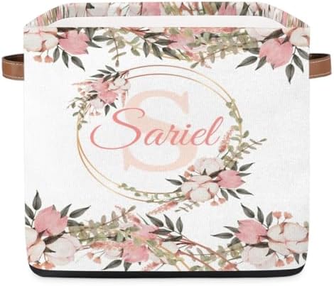 Floral Pink Collapsible Storage-Bin-Basket Custom Name Organizing
