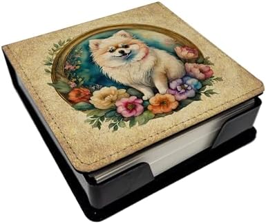 Caroline's Treasures Pomeranian and Flowers PU Leather Note Paper Holder with Artist-Designed Cover, Desk Accessory, Office Gift