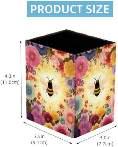 Bee Pen Holder for Desk Decor, Rectangular PVC Leather Pencil Cup for Desk Pen Organizer, Makeup Brush Holder for School, Home, Office