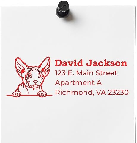 Peeking Minskin Cat Wood Handle Address Stamp - 4 Lines of Custom Text | Any standard pad works. Customised Address Stamp for Pet Sitters. Made to Order Minskin Cat Return Address Stamp.