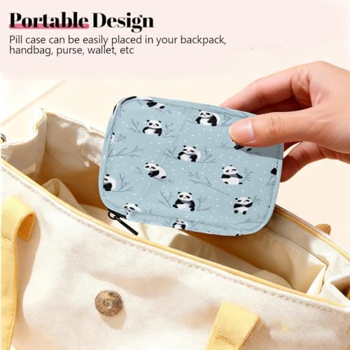 Weekly Pill Organizer Travel Size Bag with Removable 7 Day Pill Box Portable Vitamin Case Purse with Zipper,Panda On Branch Snowy