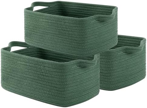 OIAHOMY 3 Pack Storage Baskets for Shelves Cotton Rope Storage Bins Green | Woven Baskets for Storage Nursery Storage Basket with Handles Baskets for Organizing Small Baskets Gift Baskets Empty