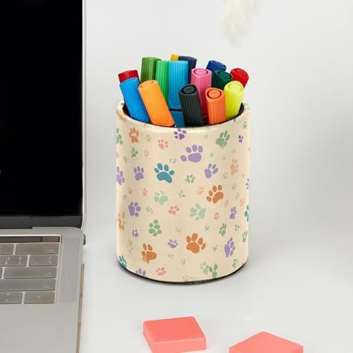 Faux Leather Pen Holder for Desk, Pencil Organizer Pet Paws Pen Cup Desk Decor Makeup Brush Holder Storage for Office Home