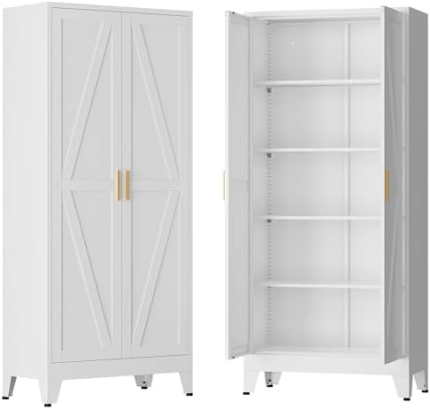71" H Steel Storage Cabinet,Heavy Duty Tool Storage Cabinet,Metal Garage Storage Cabinets,Broom Closet Storage Cabinet,Utility Cabinet,White Storage Cabinets