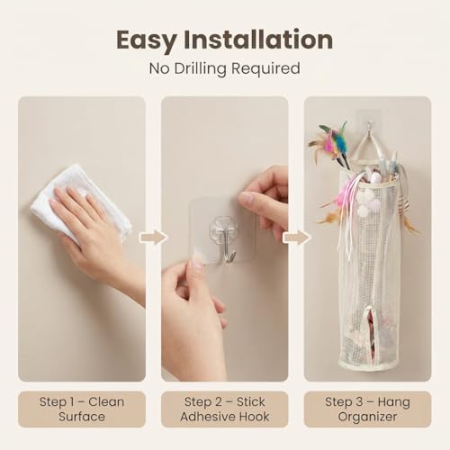 Cat Wand Toy Storage Organizer, Wall Mounted Mesh Holder for Cat Toys, Space-Saving with Adhesive Hooks (Single Compartment)