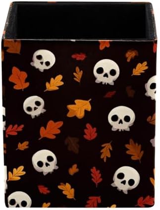 Skull Pen Holder for Desk Decor, Rectangular PVC Leather Pencil Cup for Desk Pen Organizer, Makeup Brush Holder for School, Home, Office