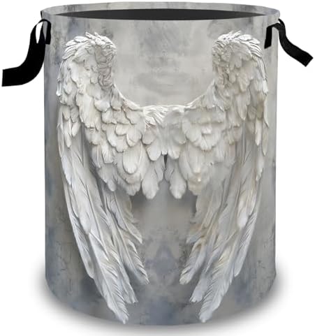 Angel Wings Laundry Basket Hamper, Organizer Bins Gifts for Women Kids, Heavenly White Feather Foldable Waterproof Clothes Hamper Handles Storage Bucket for Bedroom Bathroom Room Decor 19.7"x15.7"
