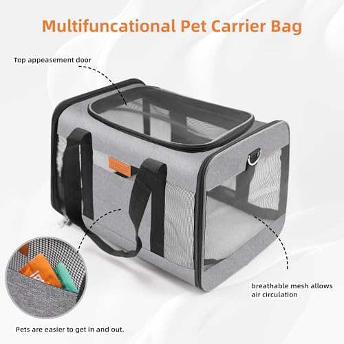 YUNIQUE Soft-Sided Cat & Dog Carrier for Pets Up to 15 Lbs, Airline Approved Collapsible Travel Puppy Carrier with Lightweight Fabric Design (Grey)