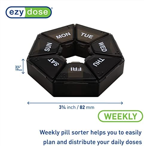 Ezy Dose Weekly (7-Day) Pill Organizer, 7-Sided Medicine Planner, Black | Compact Daily Round Vitamin & Supplement Medicine Case, Convenient and Easy to Use, Travel-Friendly Container, BPA-Free
