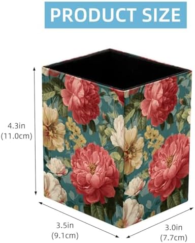 Beautiful Flowers Pen Holder for Desk Decor, Rectangular PVC Leather Pencil Cup for Desk Pen Organizer, Makeup Brush Holder for School, Home, Office