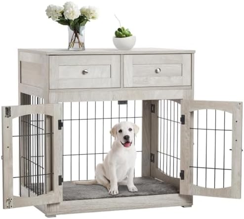Dog Crate Furniture with Double Storage Drawers, Wooden Dog Kennel End Table Furniture Style Crate for Small, Medium & Large Dogs, Decorative Pet House with Storage, 32 Inch Gray Modern Dog Cage