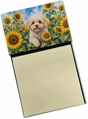 Caroline's Treasures Maltipoo in Sunflowers Watercolor Sticky Note Holder Refillable Dispenser Desk Accessory 3x3 Pad Gift