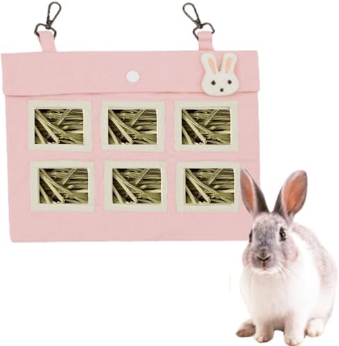 Rabbit Hay Feeder Bag with Cute Pendant, Storage Guinea Pig Feeder Rack Bag, Large Capacity Cotton Canvas Hanging Bag for Bunnies Chinchillas Guinea Pigs (Pink,L)