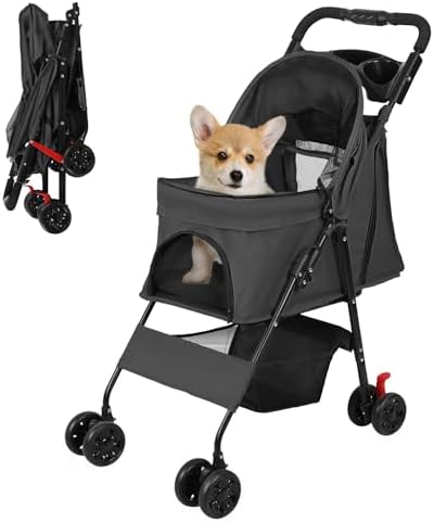 Dog Stroller, Foldable 4-Wheel Pet Strolling Cart for Small/Medium Dogs & Cats, Easy One-Button Fold, 360 Swivel Wheels & Rear Brakes, Breathable Mesh, Cup Holder & Storage for All-Season Use