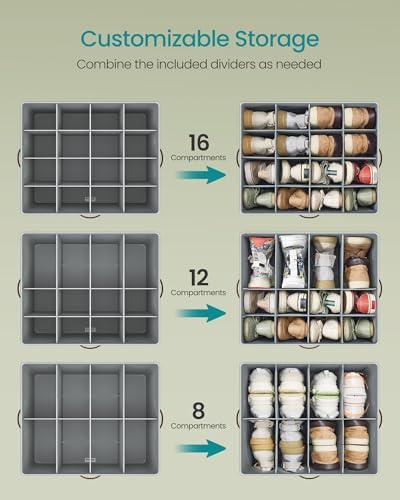 SONGMICS Shoe Organizer for Closet, 2 Pack Fabric Bins, Fits up to 32 Pairs | Shoe Storage Box with Adjustable Dividers, Transparent Lid, Storage Compartments, Dove Gray, TINA Collection ULSP556G01