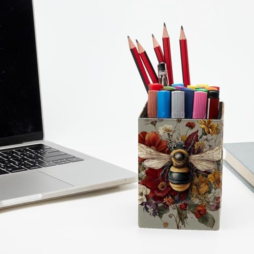 Cute Bee Pen Holder for Desk Decor, Rectangular PVC Leather Pencil Cup for Desk Pen Organizer, Makeup Brush Holder for School, Home, Office
