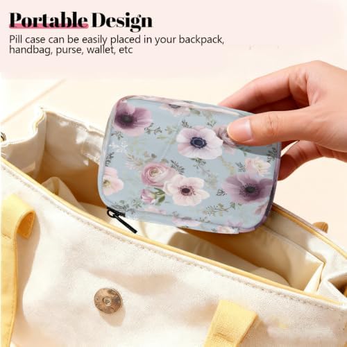 Travel Pill Organizer Watercolor Light Blue Pink Flower Pill Case