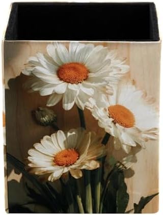 Wooden Board and Daisies Pen Holder for Desk Decor, Rectangular PVC Leather Pencil Cup for Desk Pen Organizer, Makeup Brush Holder for School, Home, Office