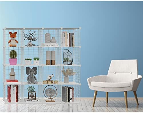 HUBSON Wire Cube Storage Organizer, Book/Toy/Craft/Potted Plants and Pet Closet Organizers, 16-Cube Freely Combinable Metal Grid Storage Shelves, White Plus Iron