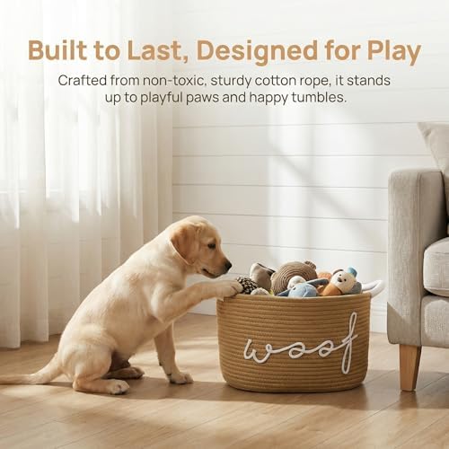 Premium Dog Toy Bin - Large Cotton Rope Pet Toy Basket with Durable Handles, Collapsible Storage Organizer for Puppy Chew Toys, Blankets and Accessories (Yellow)