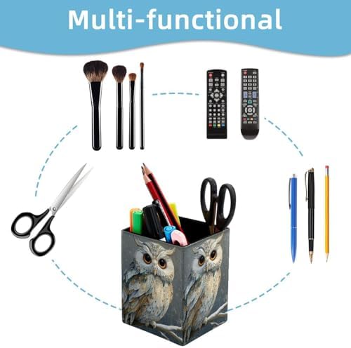 Cute Owl Pen Holder for Desk Decor, Rectangular PVC Leather Pencil Cup for Desk Pen Organizer, Makeup Brush Holder for School, Home, Office