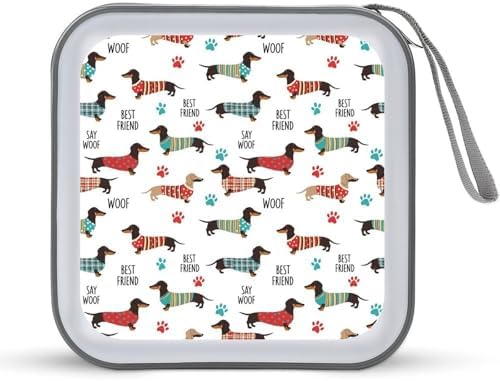 40-Disc CD/DVD Organizer Wallet Cute Dachshund, Heavy-Duty Hard Plastic Binder, Portable Storage Case with Carry Strap for Car