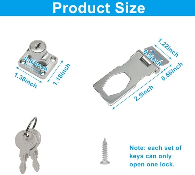 2 Pcs 2.5 Inch Hasp Lock, Silver | Metal Twist Knob, Keyed Locking, With Keys, With Screws, For Small Doors Cabinets Toolboxes Storage Units