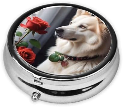 ZhongGuo Dog and Rose Printed Pill Organizer,Round Travel Pill Organizer Mini Medicine Pill Box for Purse Iron Plating