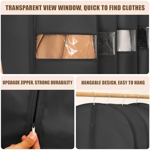 Kimmama Garment Bag for Hanging Cloth, Suit Protect Cover, 23.6" x 43.3" | PEVA Clothes Cover, For Suit, Shirt, Coats, Kids Dress, Clear Windows, Dustproof, Mosquito-Proof, Keep Dry, Black