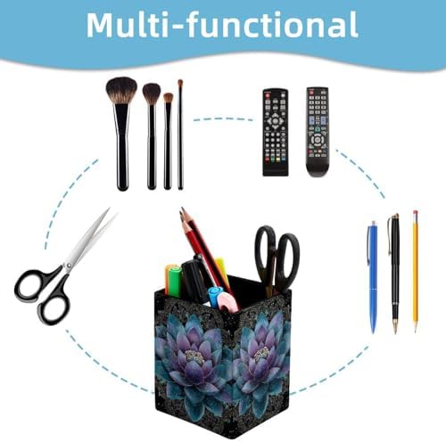Lotus Flower Pen Holder for Desk Decor, Rectangular PVC Leather Pencil Cup for Desk Pen Organizer, Makeup Brush Holder for School, Home, Office